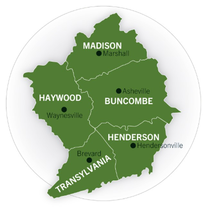 Map of the study area, which includes Buncombe, Haywood, Henderson, Madison, and Transylvania Counties